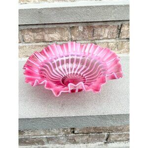 Vintage Fenton Cranberry Opalescent Ruffled Art Glass Bowl.